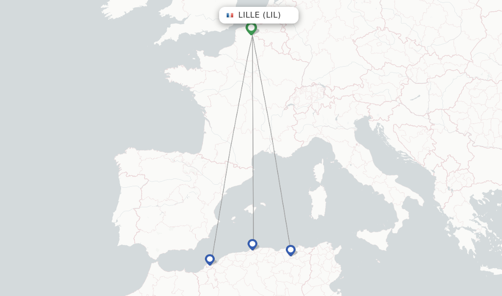 Route map with flights from Lille with Air Algerie