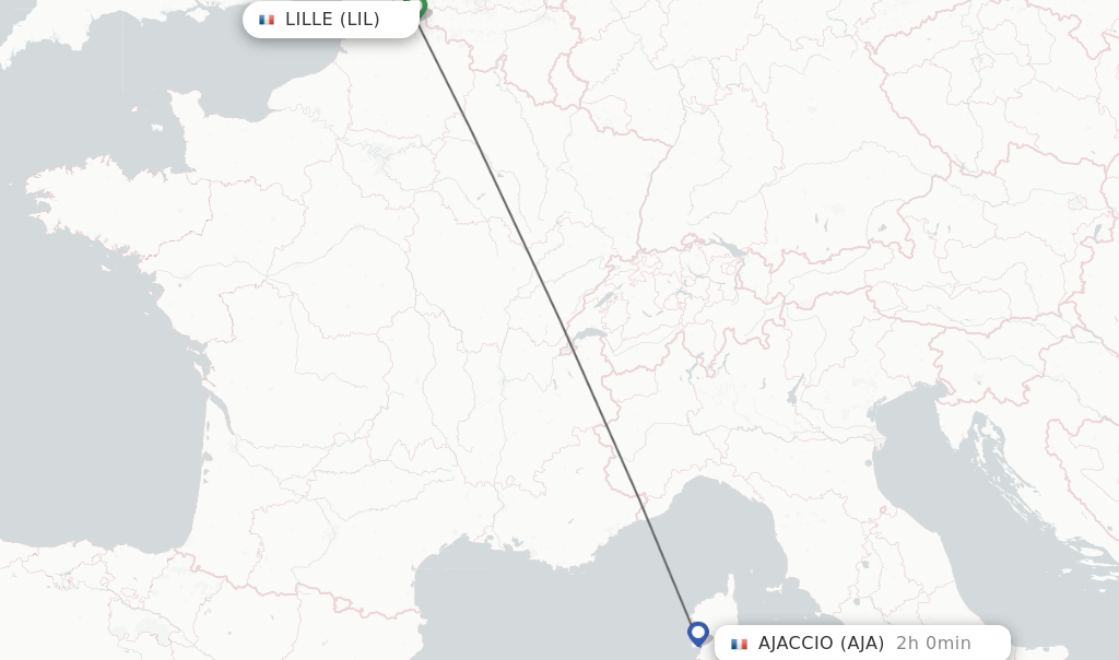 Flights from Lille to Ajaccio route map