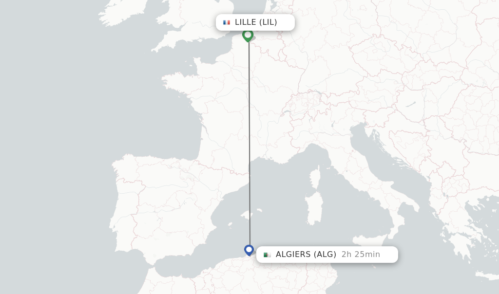 Flights from Lille to Algiers route map