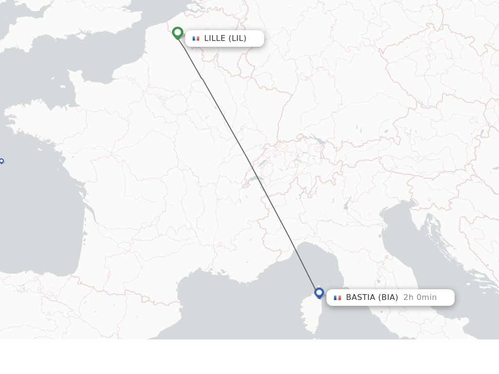 Flights from Lille to Bastia route map