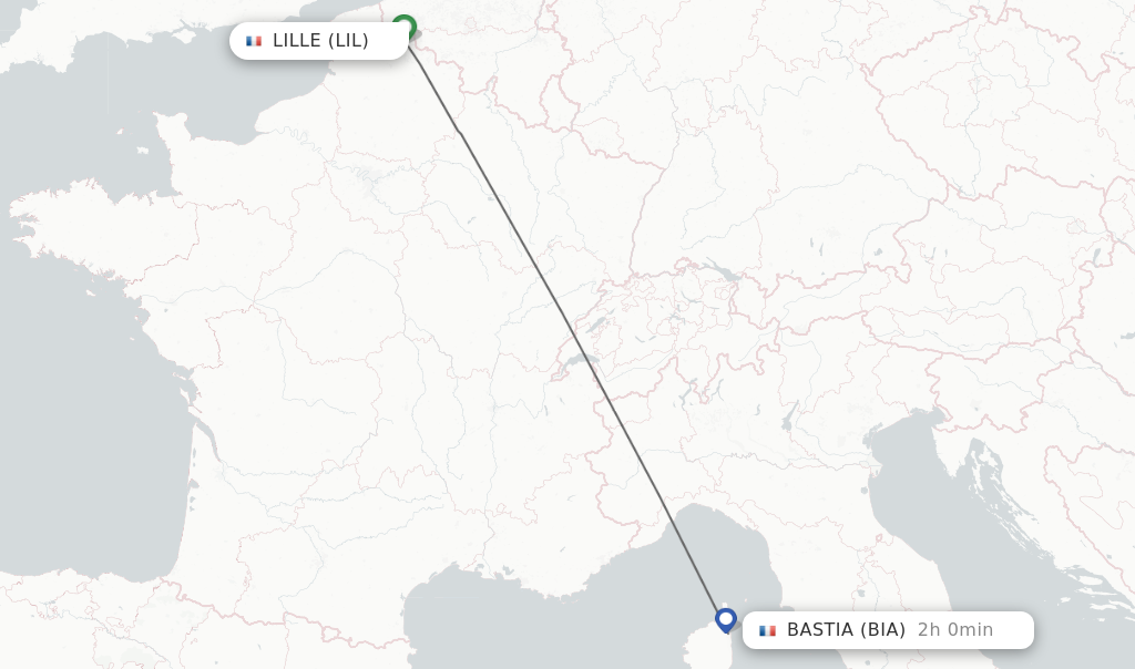 Flights from Lille to Bastia route map