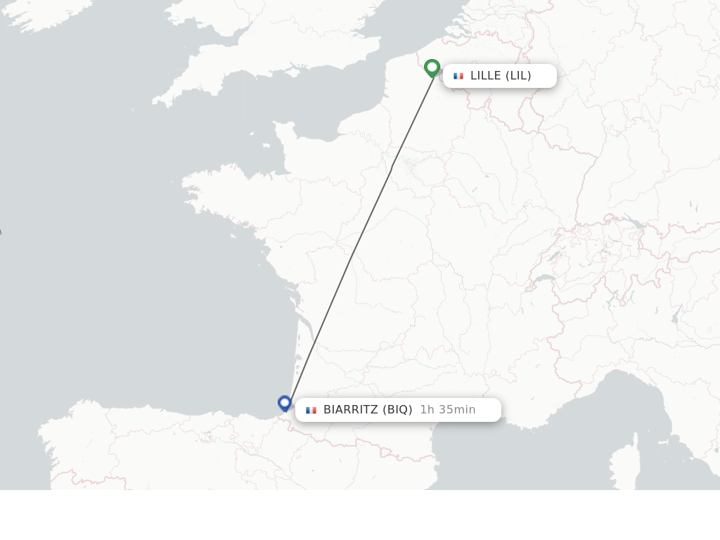 Flights from Lille to Biarritz route map
