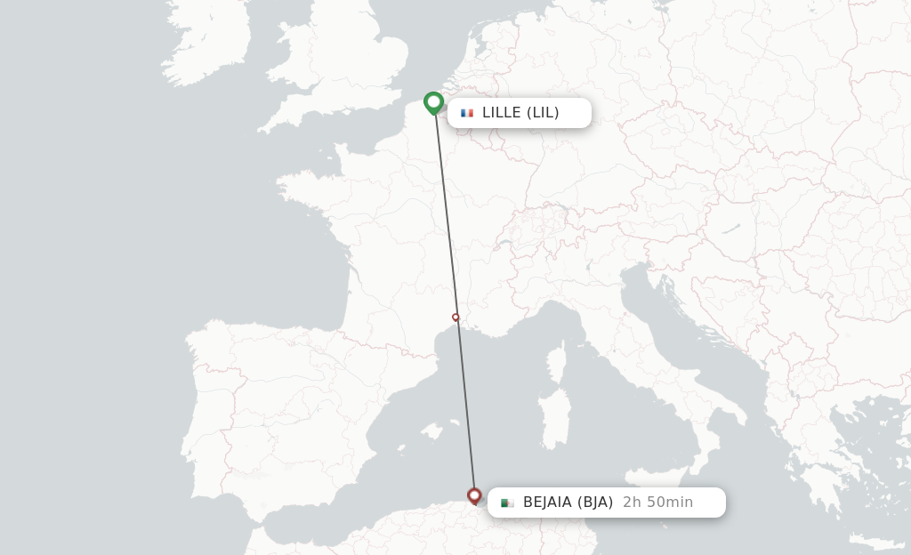 Flights from Lille to Bejaia route map