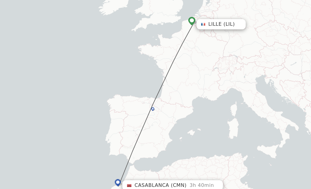 Flights from Lille to Casablanca route map