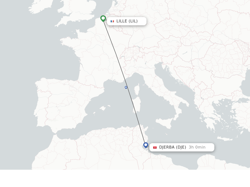 Flights from Lille to Djerba route map