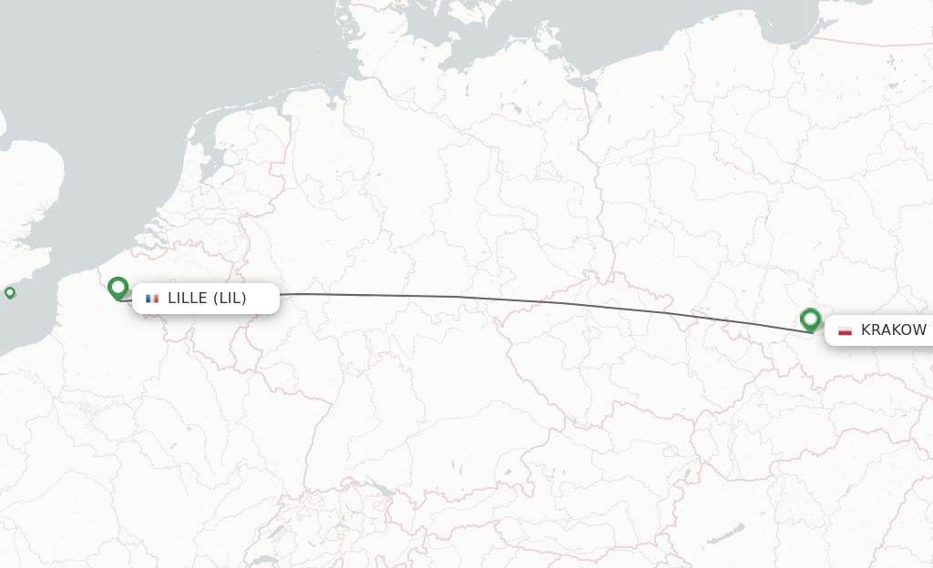 Flights from Lille to Krakow route map