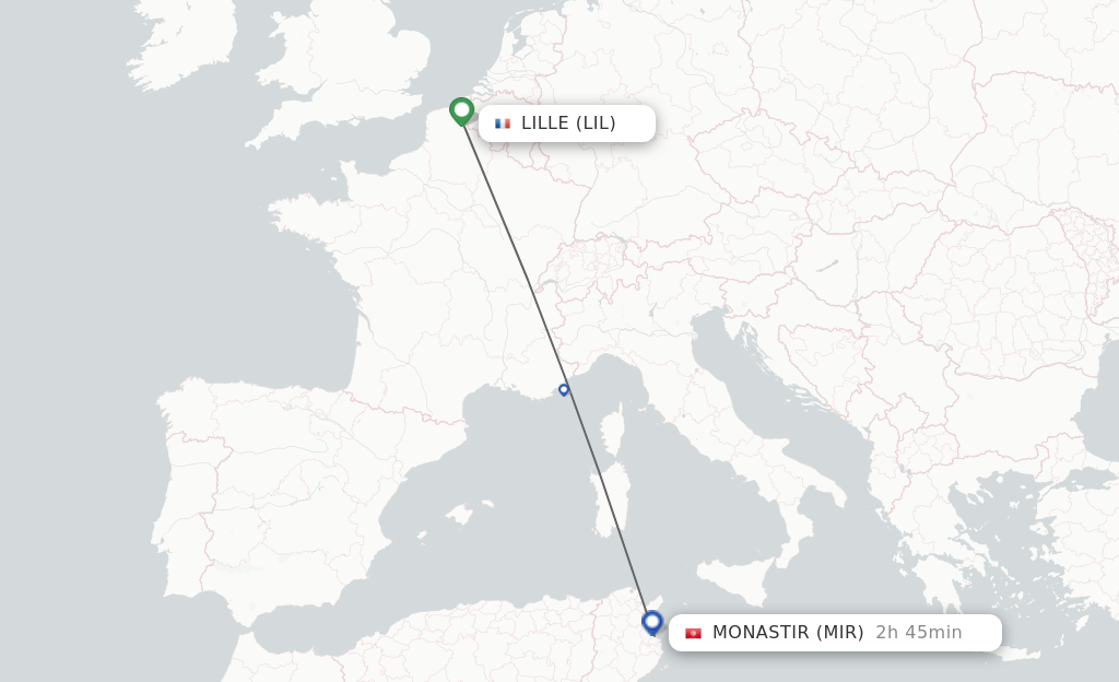 Flights from Lille to Monastir route map