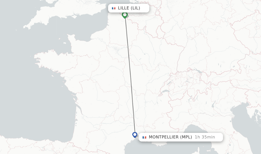 Flights from Lille to Montpellier route map