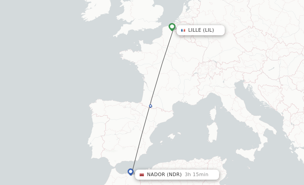 Flights from Lille to Nador route map
