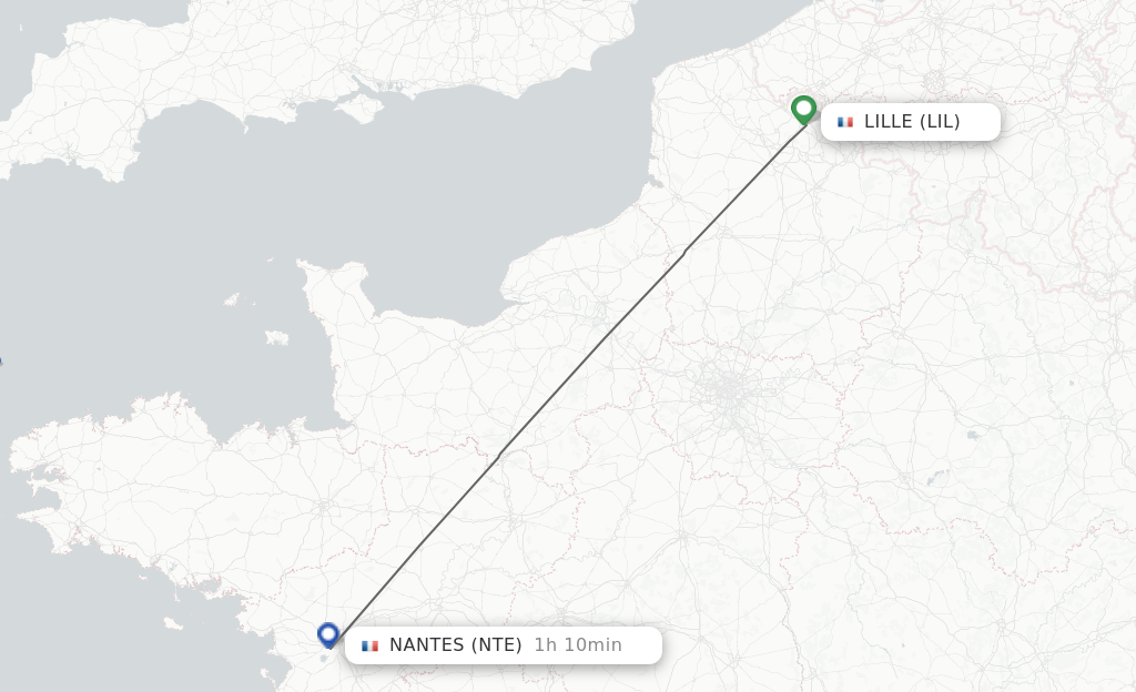 Flights from Lille to Nantes route map