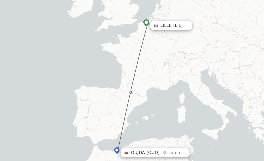 Flights from Lille to Oujda route map