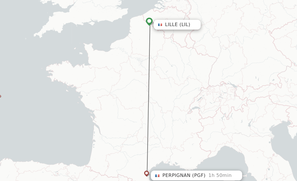 Flights from Lille to Perpignan route map