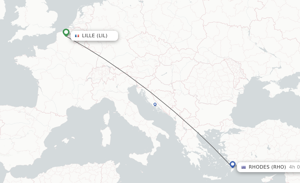 Flights from Lille to Rhodes route map