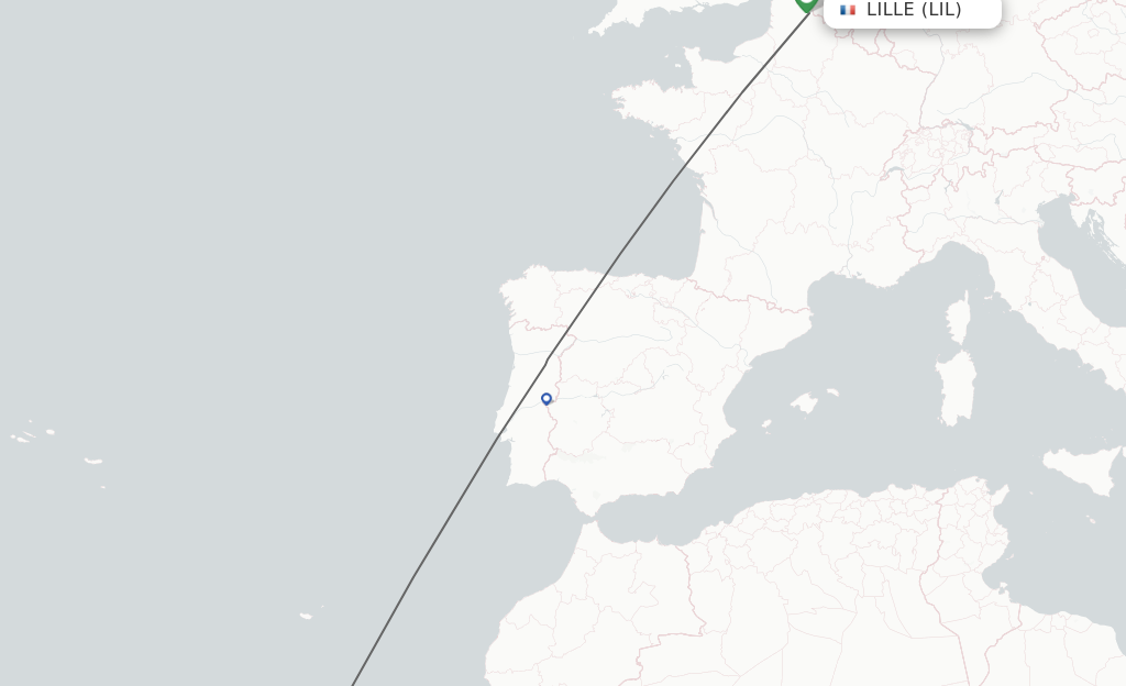 Flights from Lille to Tenerife route map