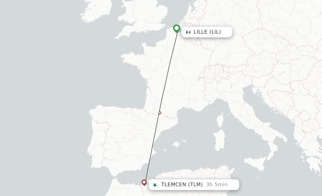 Flights from Lille to Tlemcen route map