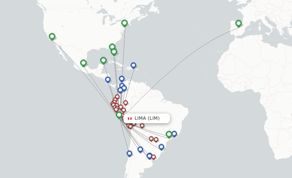 Route map with flights from Lima with LATAM Airlines