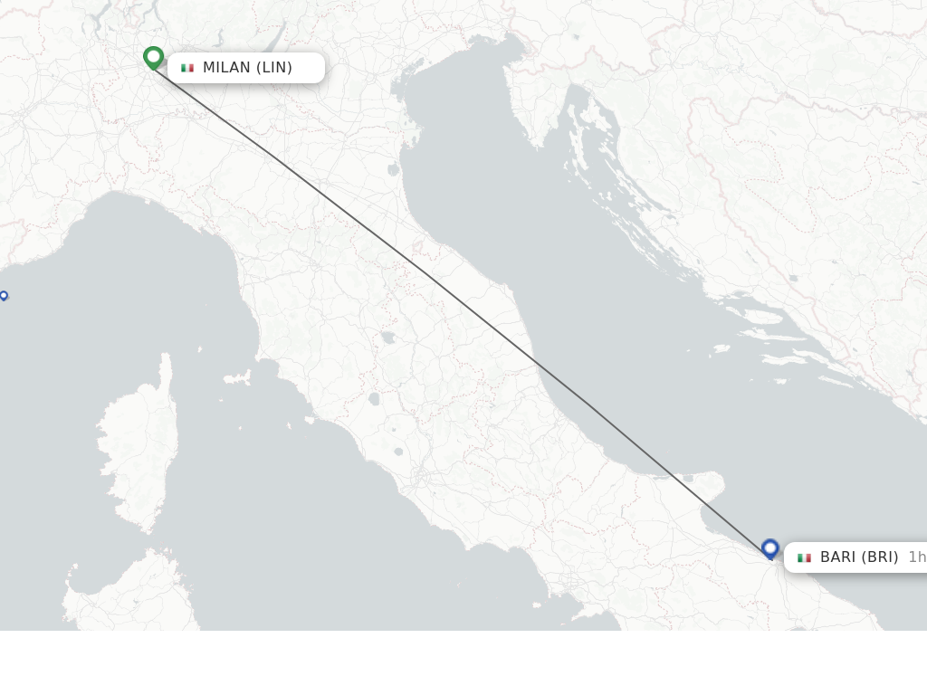 Flights from Milan to Bari route map