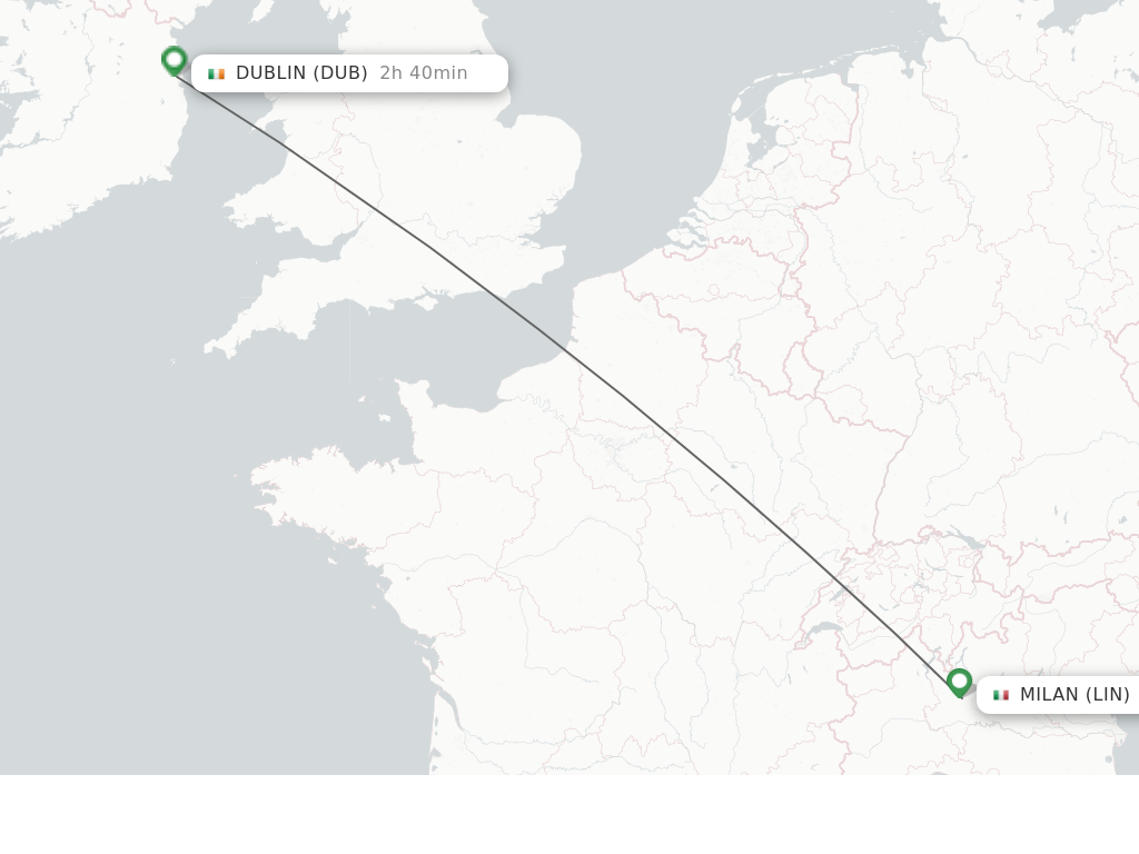 Flights from Milan to Dublin route map