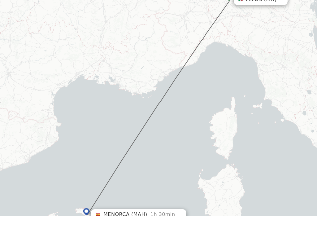 Flights from Milan to Menorca route map
