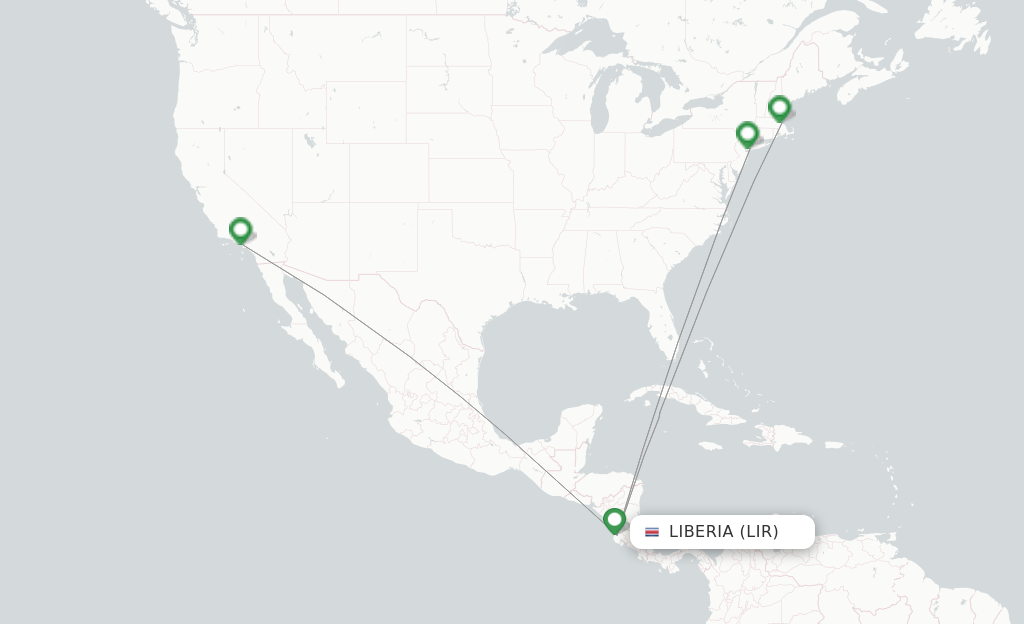 Route map with flights from Guanacaste with JetBlue