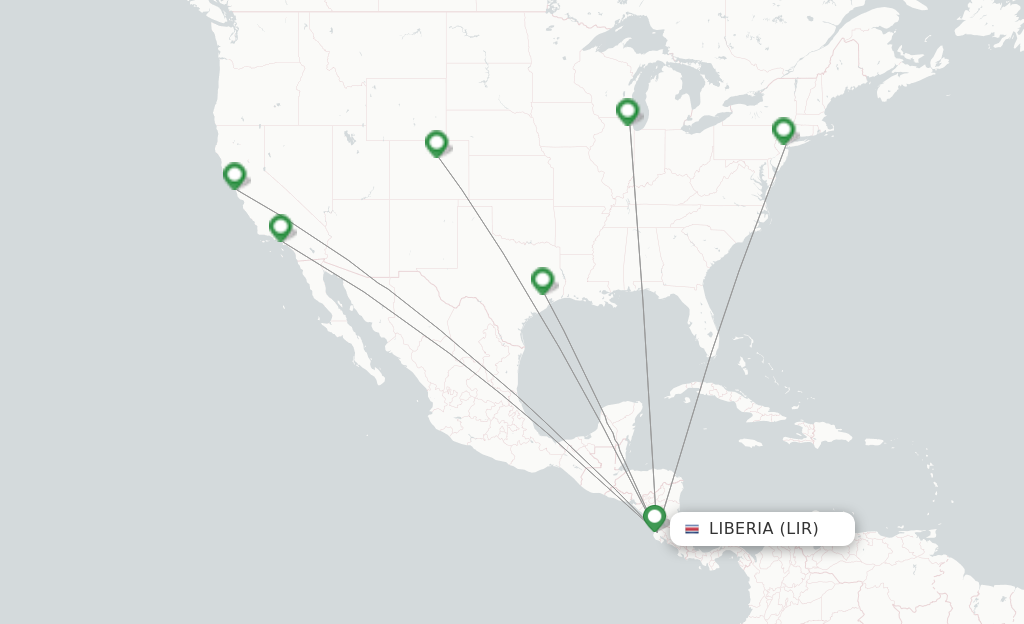 Route map with flights from Guanacaste with United