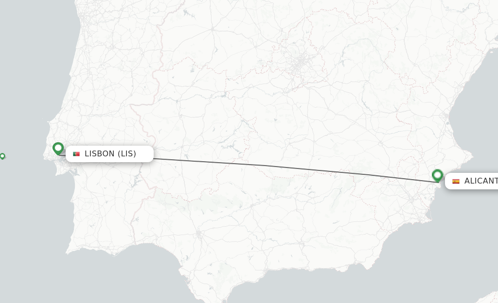Flights from Lisbon to Alicante route map
