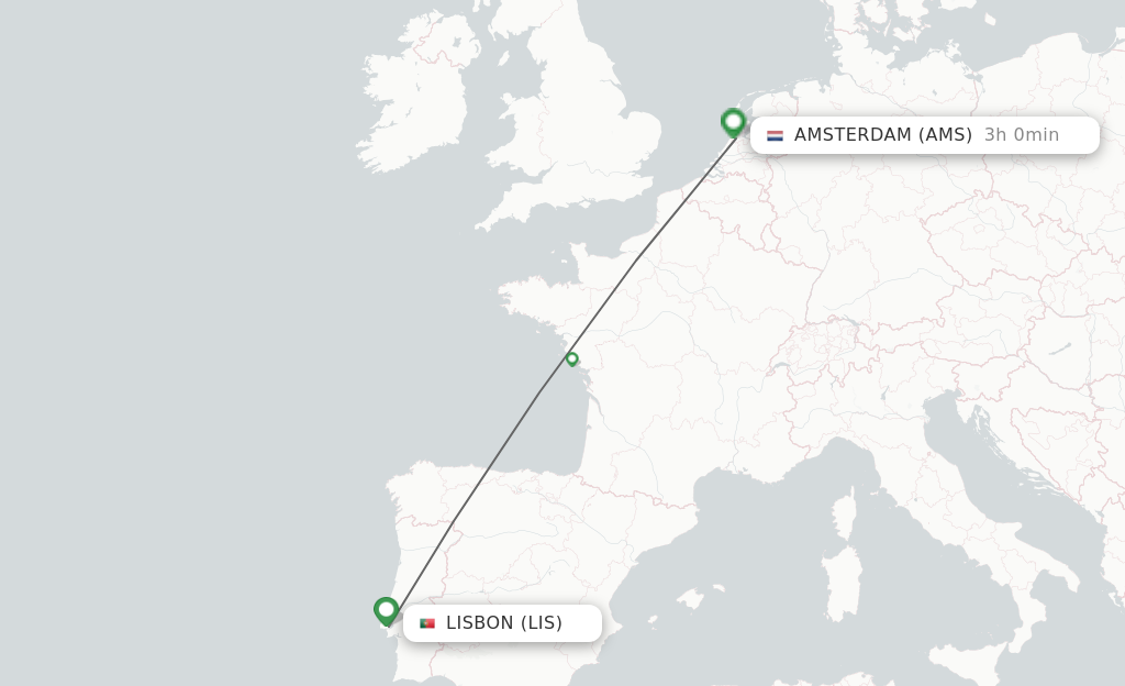 Flights from Lisbon to Amsterdam route map