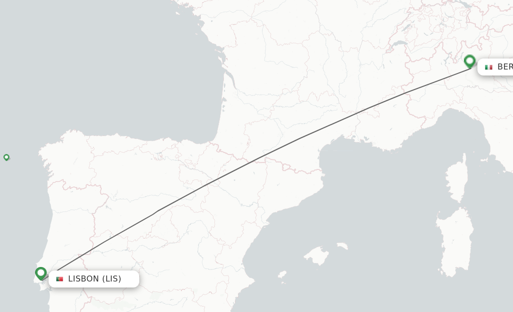 Flights from Lisbon to Milan route map