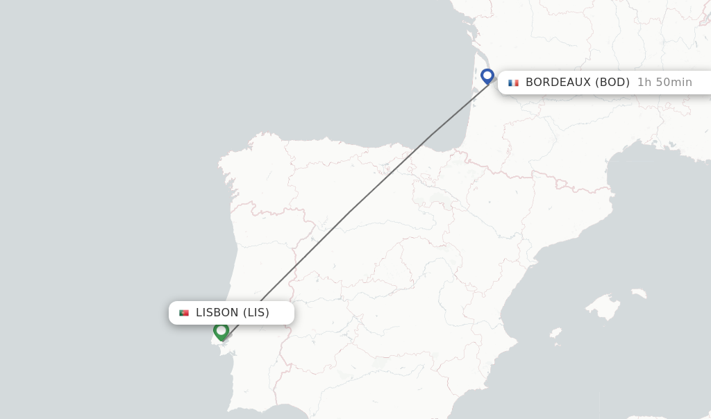 Flights from Lisbon to Bordeaux route map