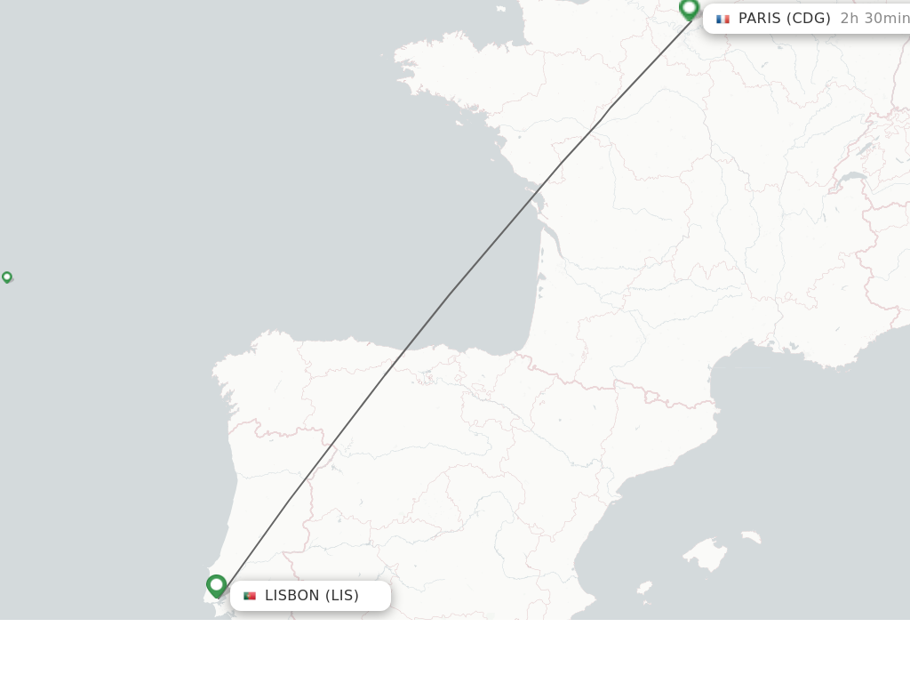 Flights from Lisbon to Paris route map