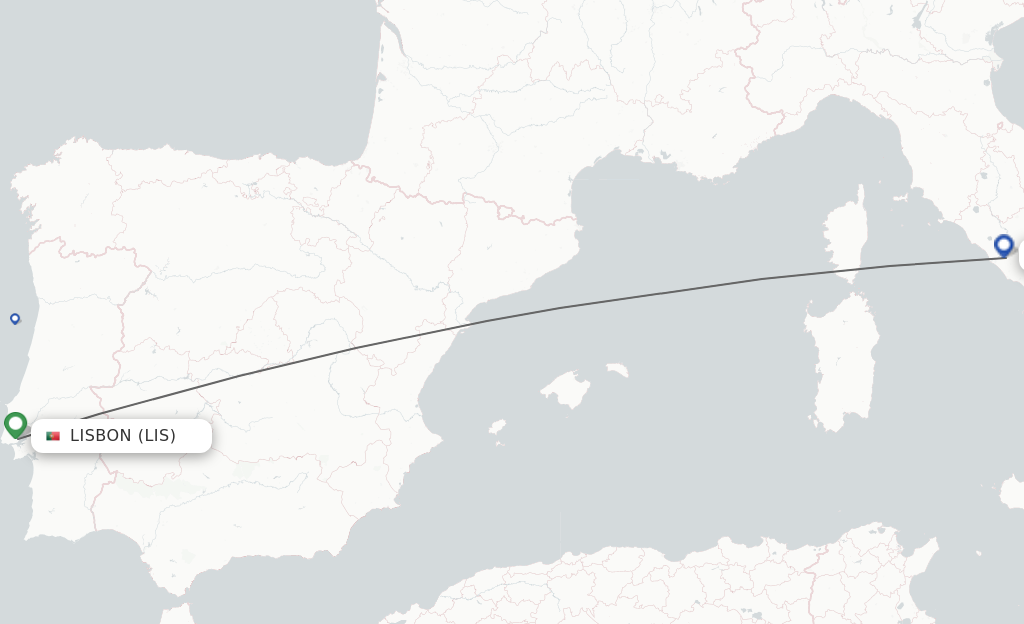Flights from Lisbon to Rome route map