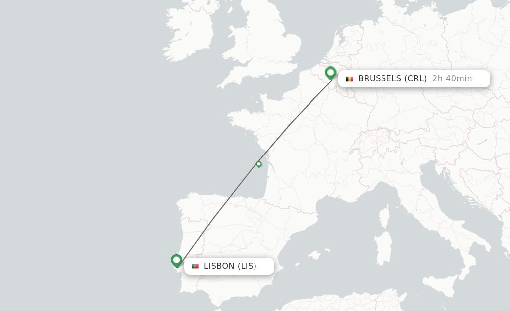 Flights from Lisbon to Brussels route map