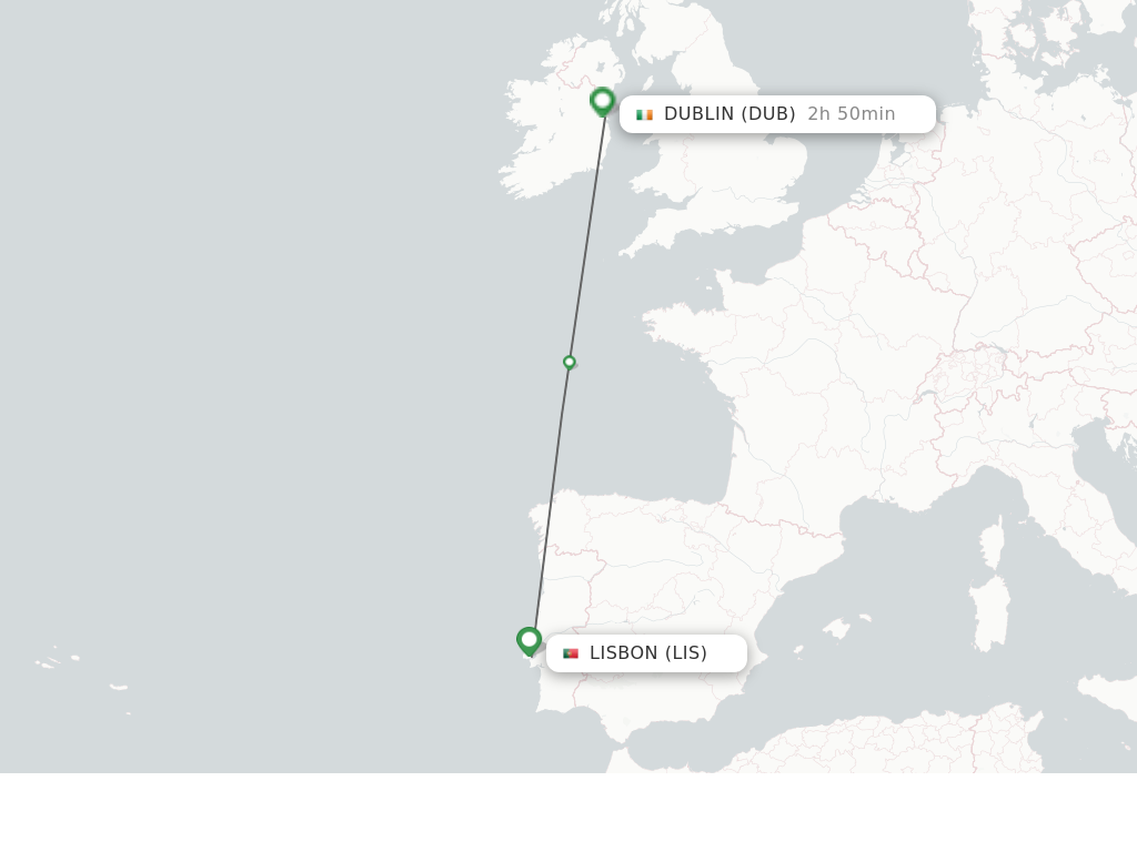 Flights from Lisbon to Dublin route map