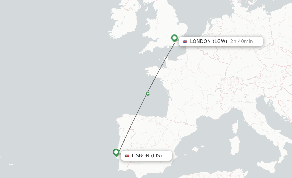 Flights from Lisbon to London route map