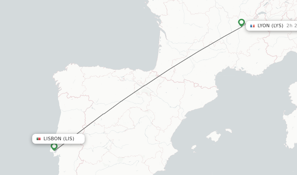 Flights from Lisbon to Lyon route map