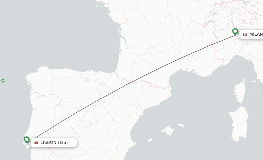 Flights from Lisbon to Milano route map