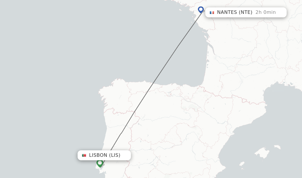Flights from Lisbon to Nantes route map