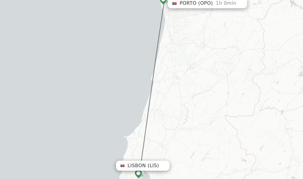 Flights from Lisbon to Porto route map