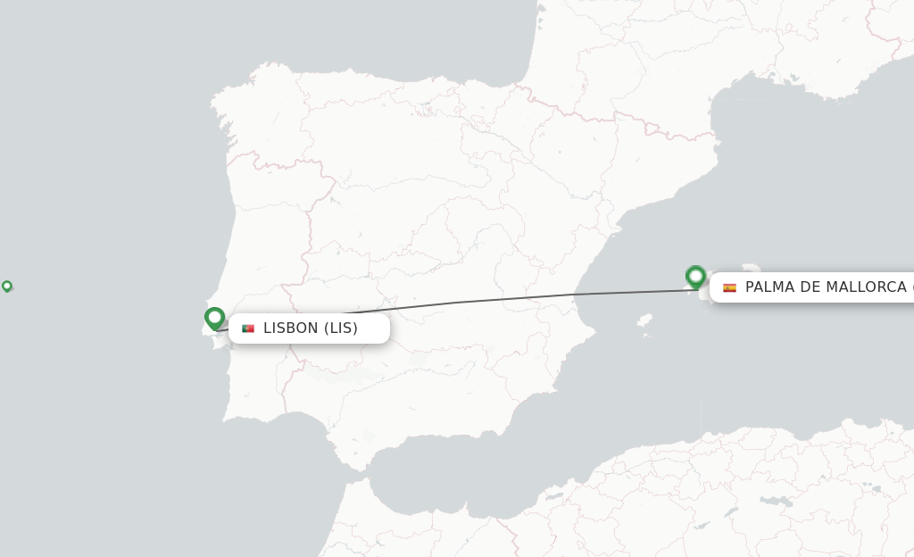 Flights from Lisbon to Palma de Mallorca route map