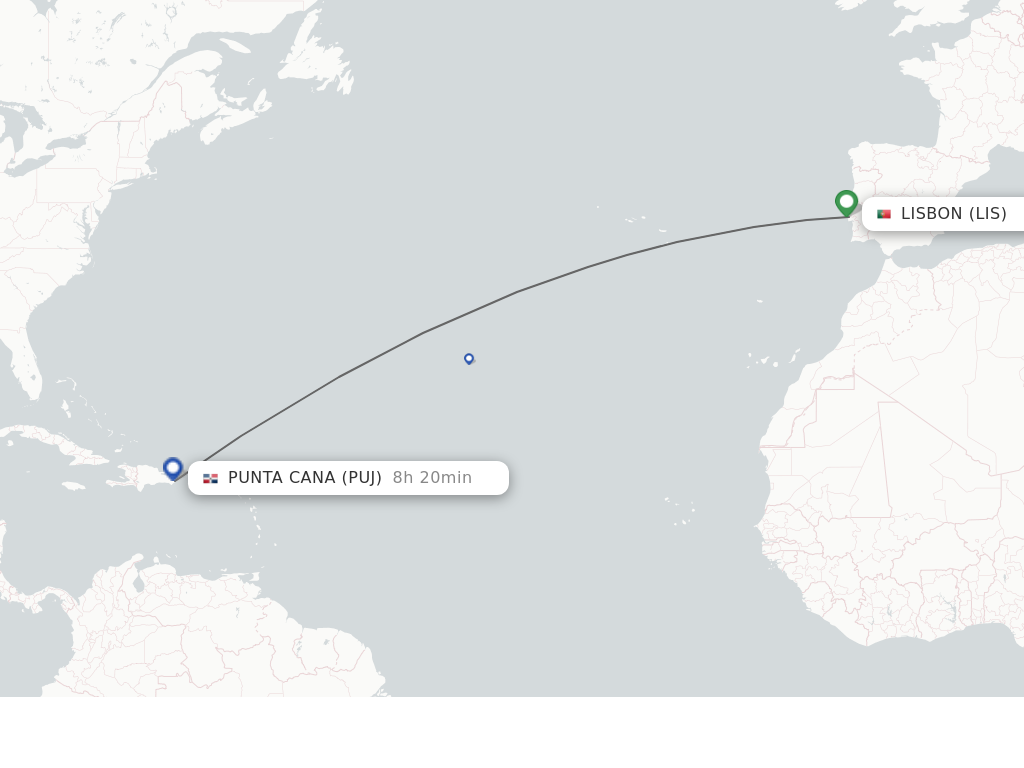 Flights from Lisbon to Punta Cana route map