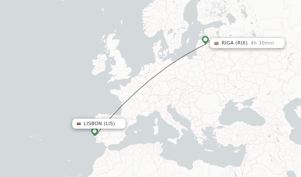 Flights from Lisbon to Riga route map