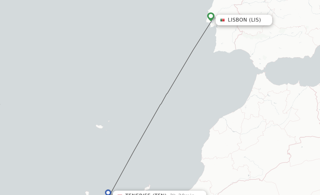 Flights from Lisbon to Tenerife route map