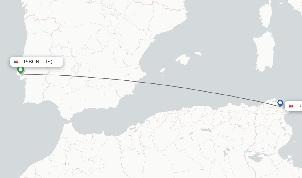 Flights from Lisbon to Tunis route map