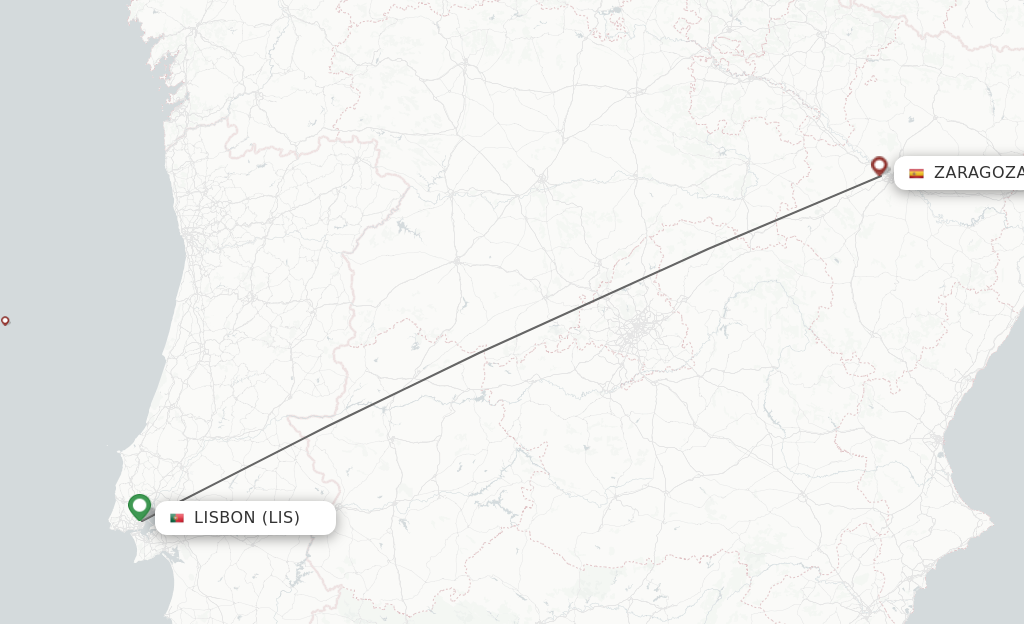 Flights from Lisbon to Zaragoza route map