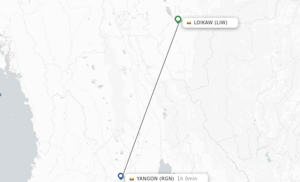 Flights from Loikaw to Yangon route map
