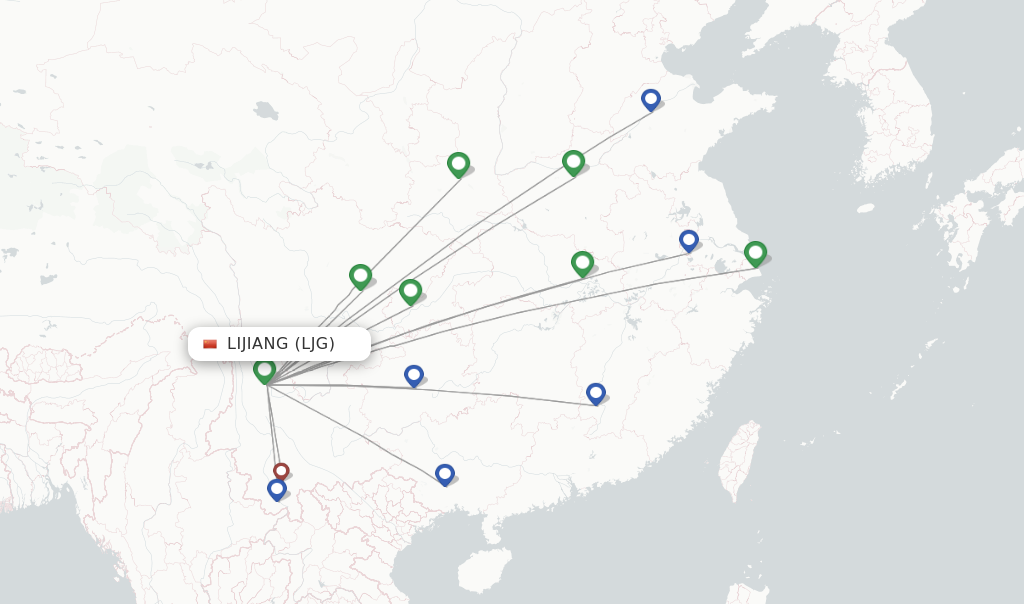 Route map with flights from Lijiang with Lucky Air