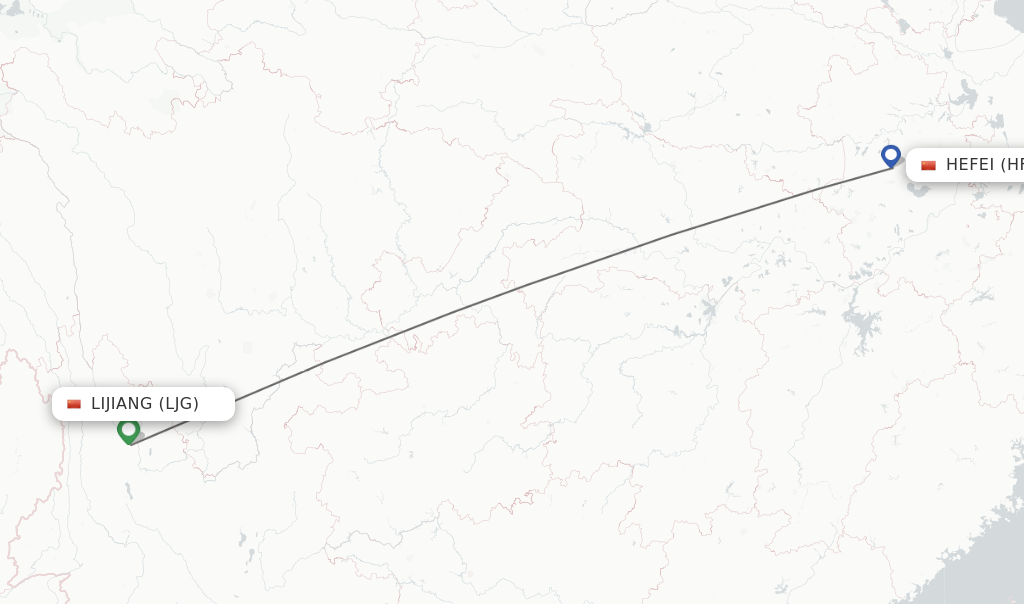 Flights from Lijiang to Hefei route map