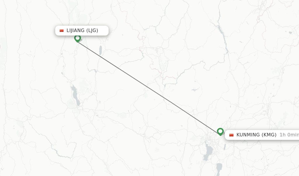 Flights from Lijiang to Kunming route map
