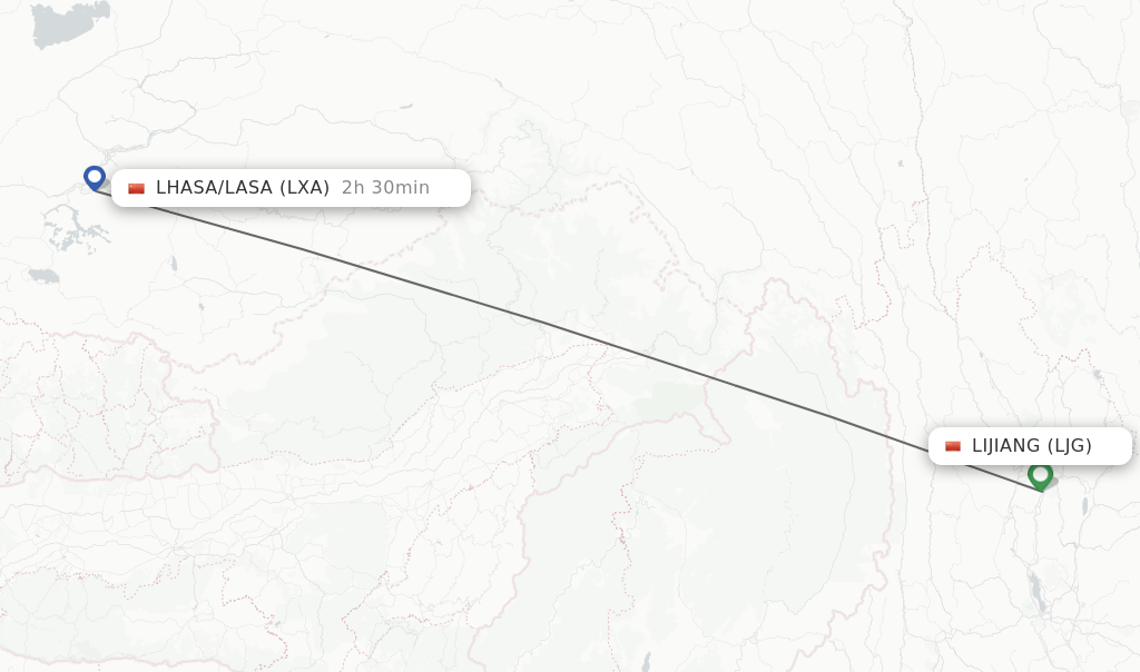 Flights from Lijiang to Lhasa/Lasa route map