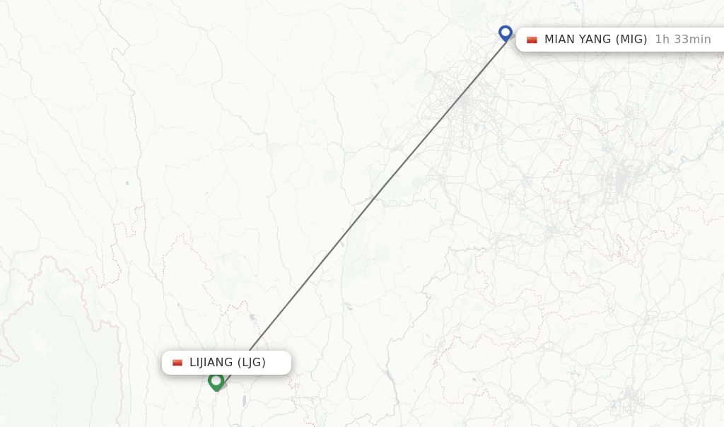 Flights from Lijiang to Mian Yang route map